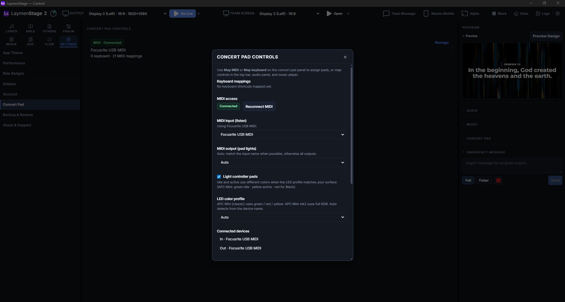 Concert pad MIDI controller mapping settings