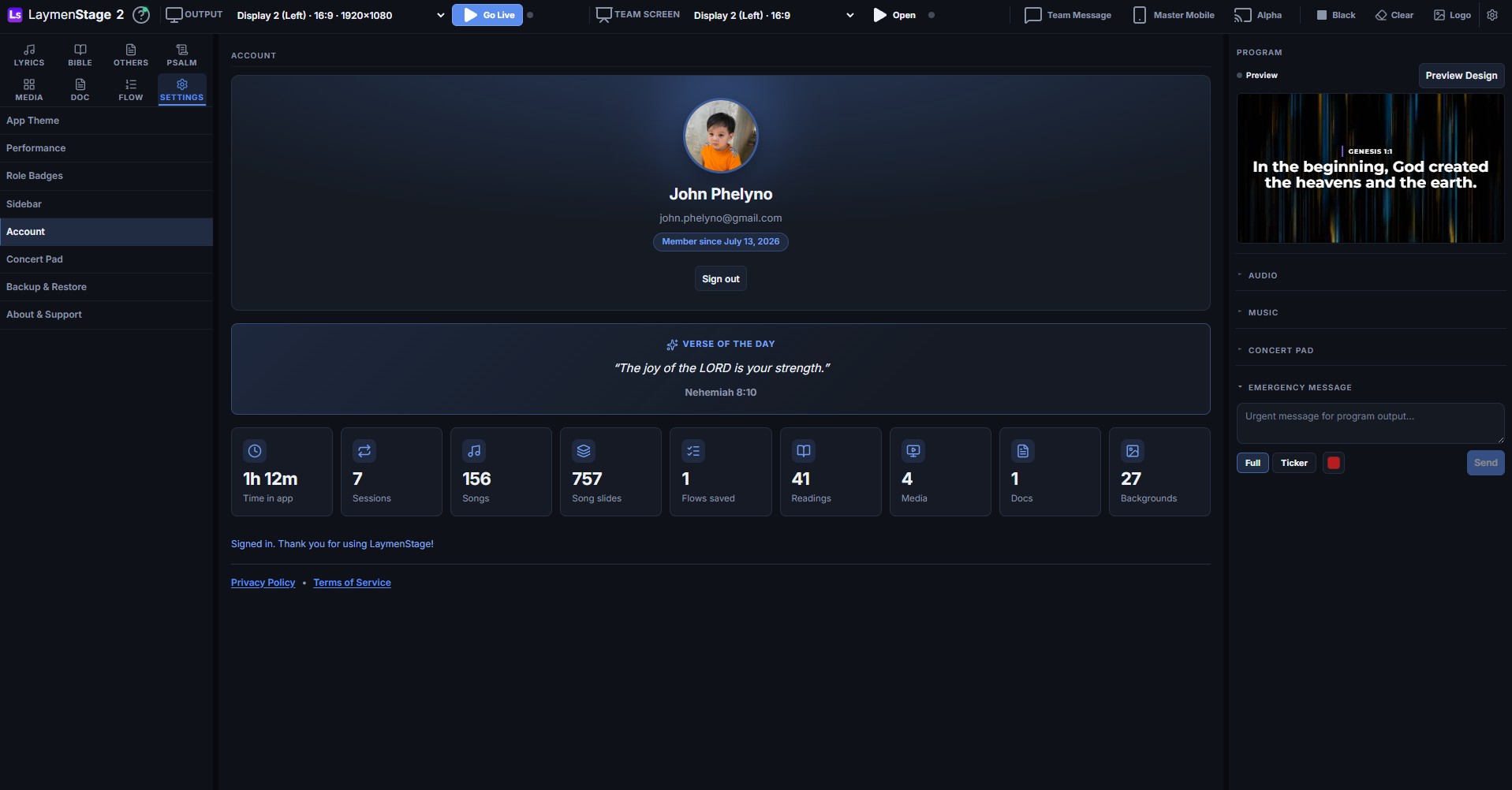Sign in account page with usage stats